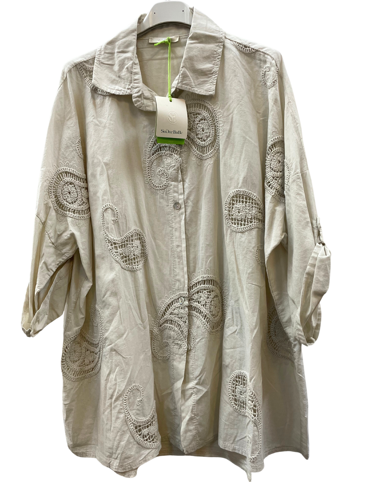 Paisley Design Cotton Shirt with Turn Up Sleeves in Beige