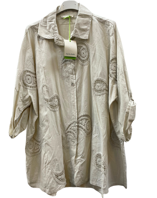 Paisley Design Cotton Shirt with Turn Up Sleeves in Beige