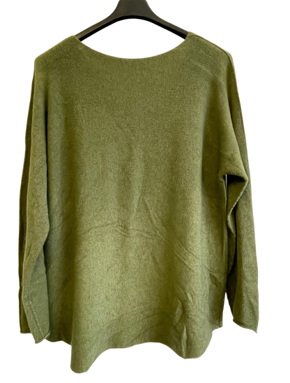 Soft Knit V-Neck Curved Hem Jumper in Khaki