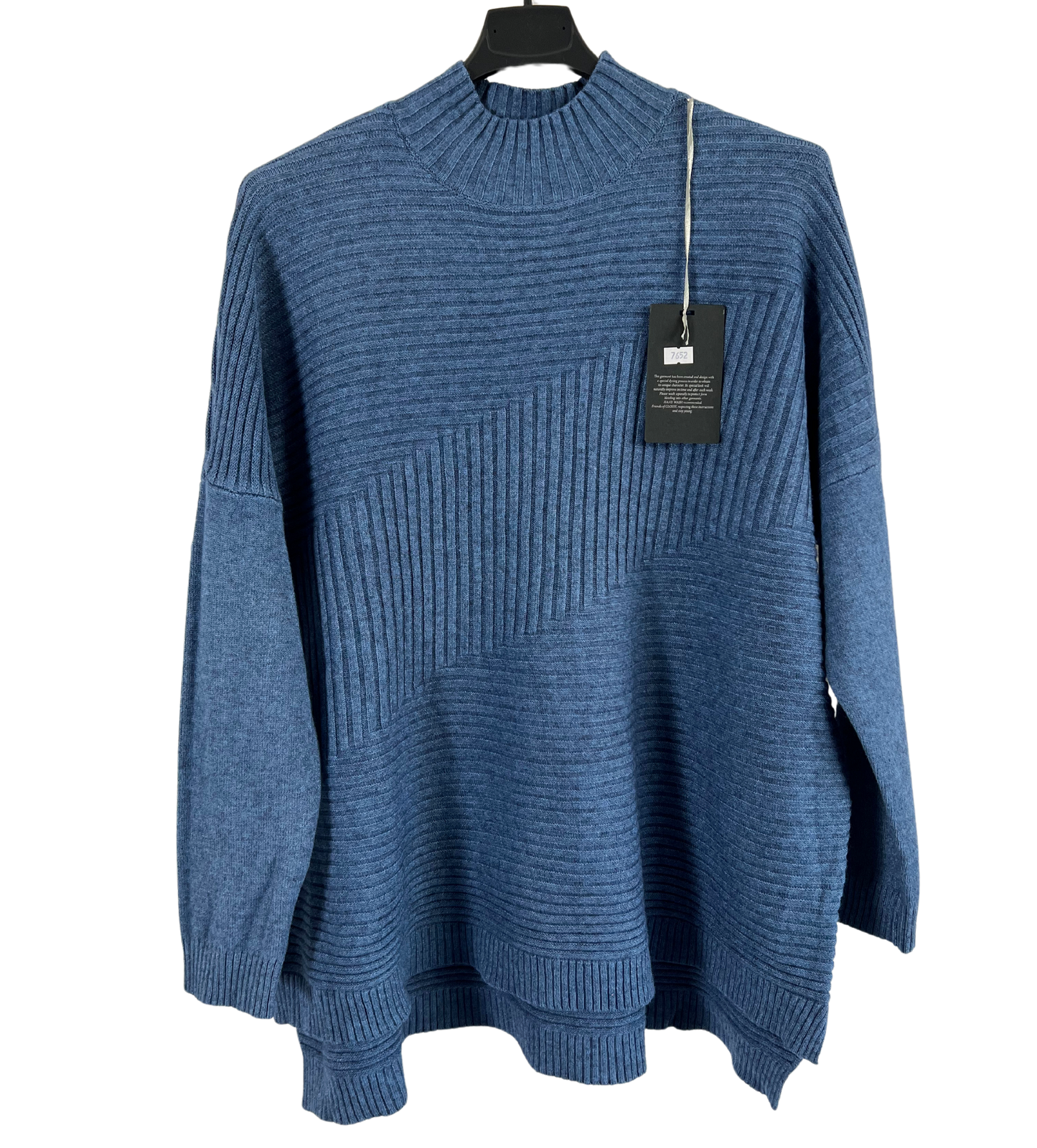 Knitted Italian Ribbed High Neck Long Sleeve Jumper in Denim