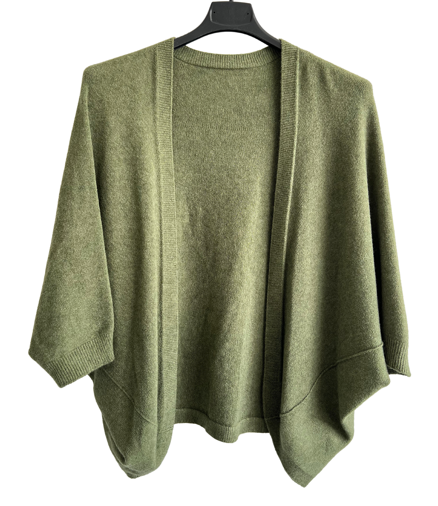 Lagenlook Soft Knit Open Front Short Cardigan in Khaki