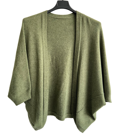 Lagenlook Soft Knit Open Front Short Cardigan in Khaki