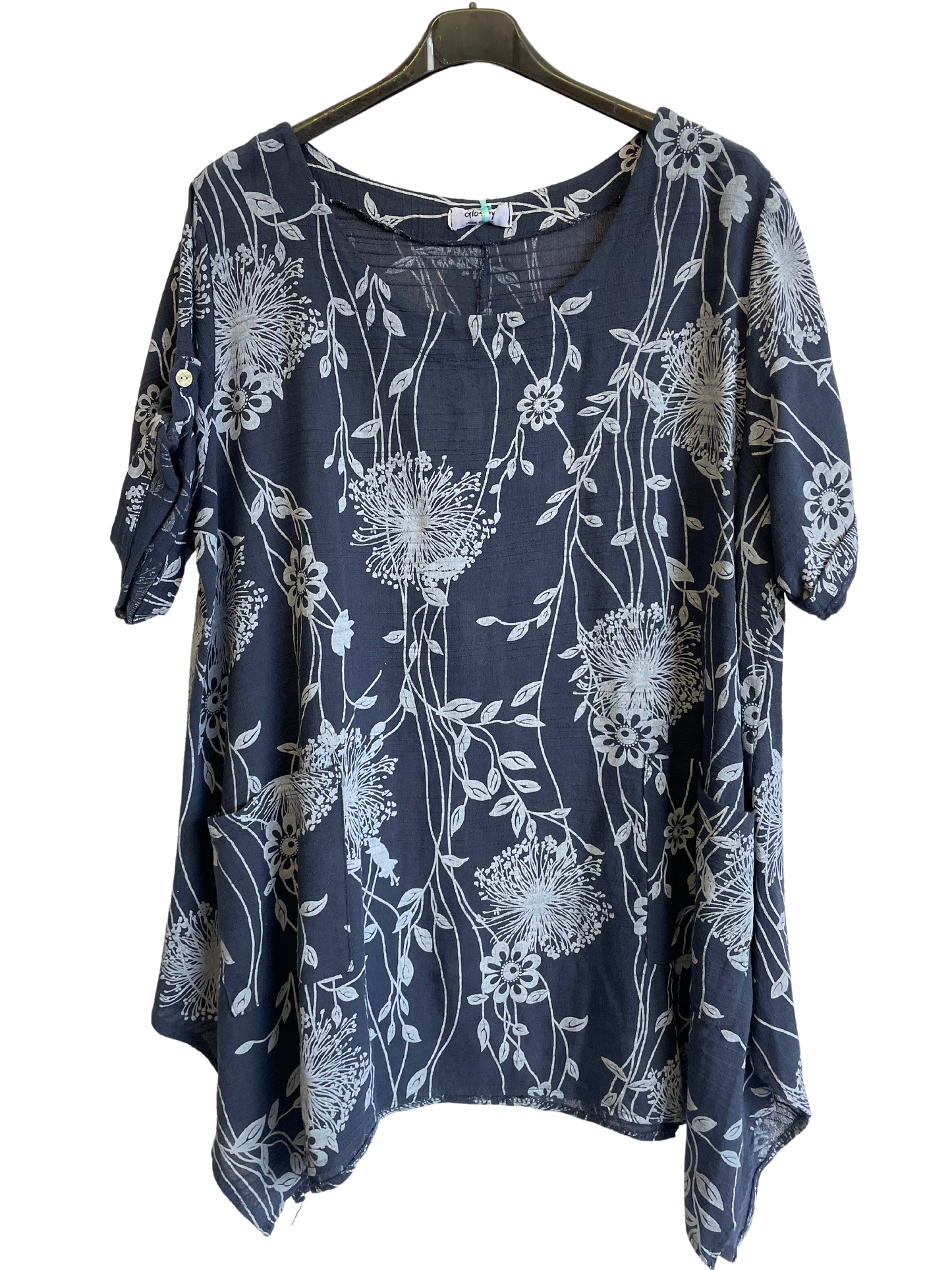 Lightweight Oversized 2 Pocket Floral Cotton & Linen Top in Navy