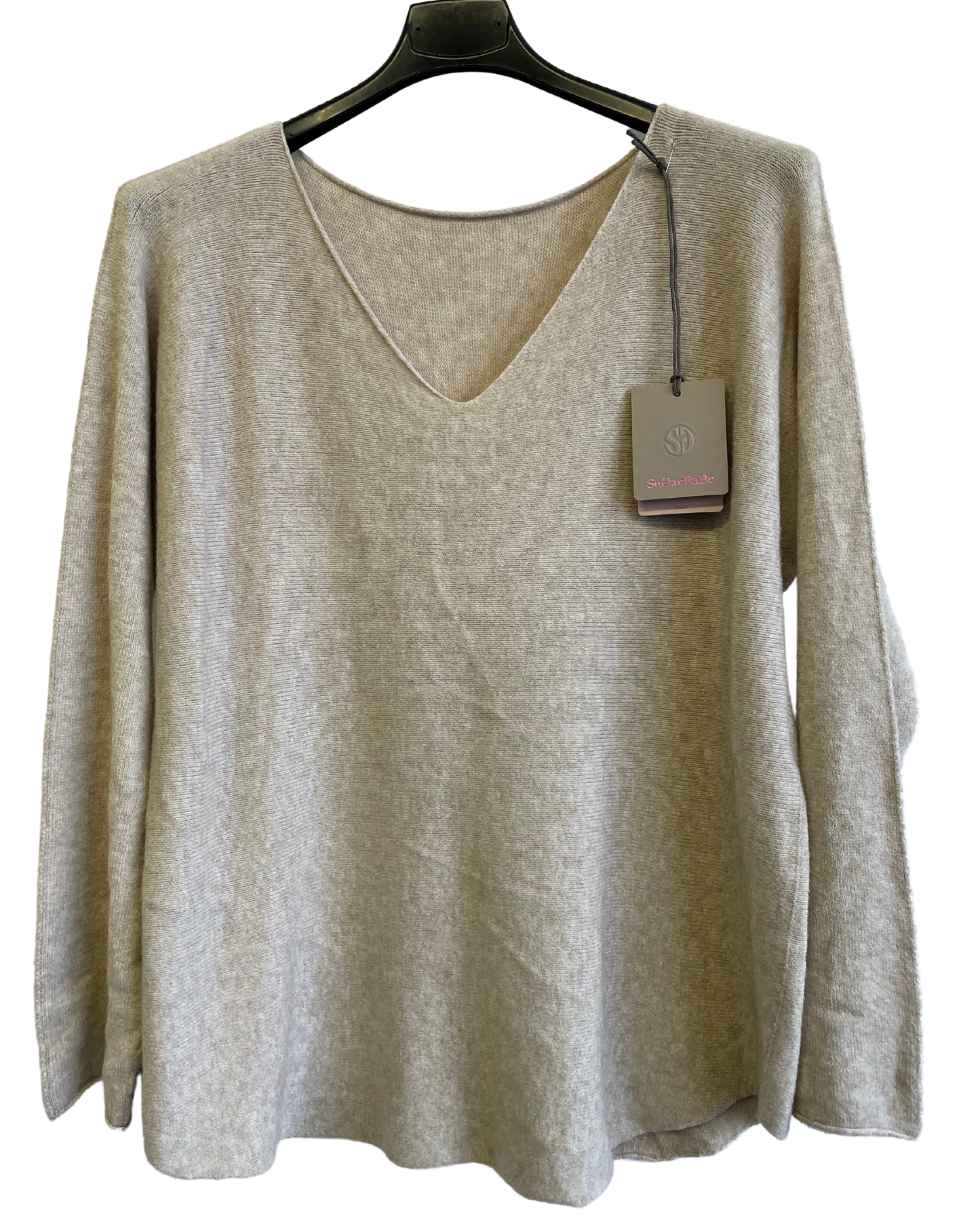 Soft Knit V-Neck Curved Hem Jumper in Beige