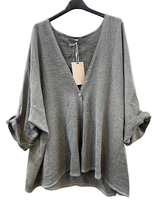 Overtop/Cardigan Layering Linen One Button Long Sleeve Top In Charcoal