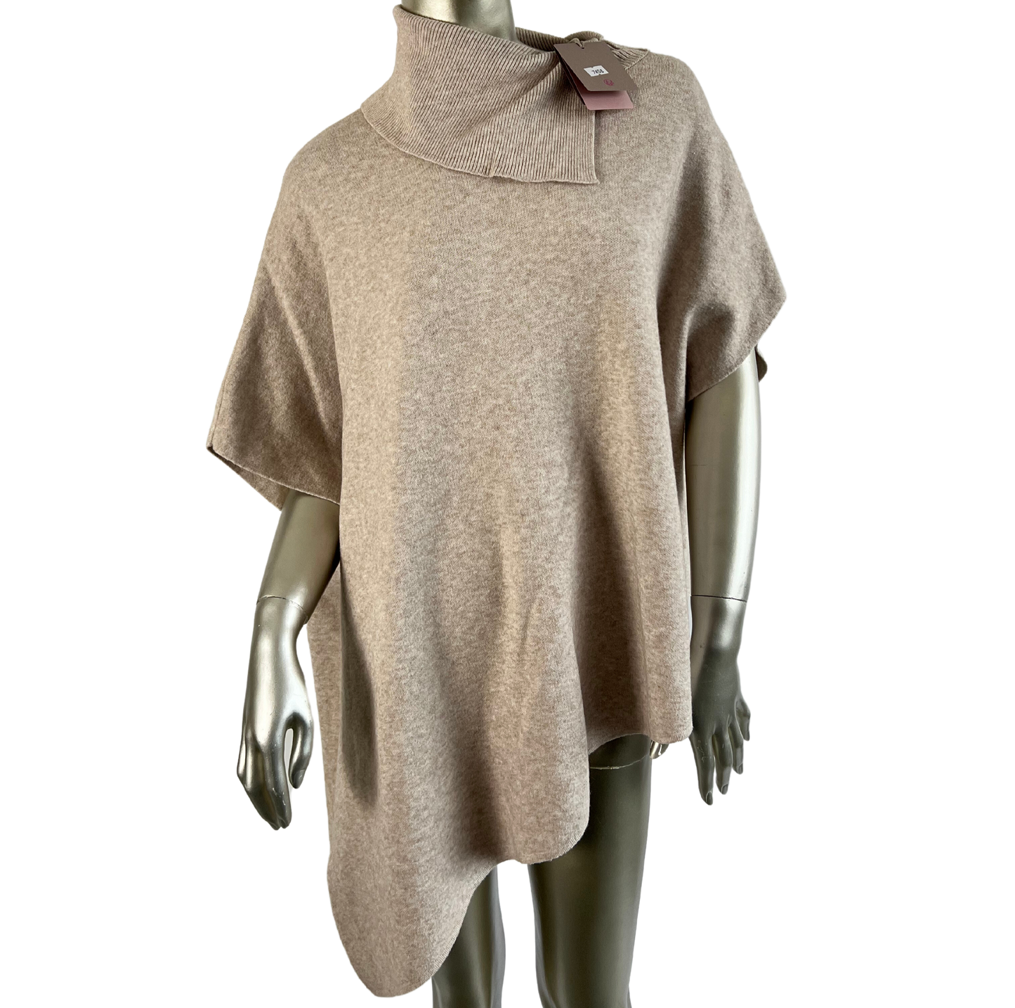 Asymmetrical Cowl Neck Soft Knitted Jumper Poncho in Beige