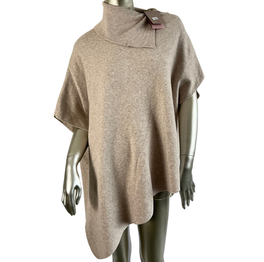 Asymmetrical Cowl Neck Soft Knitted Jumper Poncho in Beige