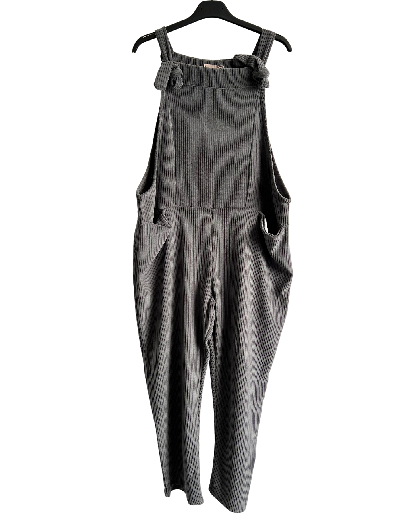 2 Pocket Front Tie Jumbo Cord Stretchy Dungarees in Grey