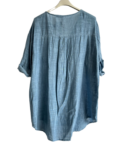 Oversized Cotton & Linen Blend Button Top In Denim Blue