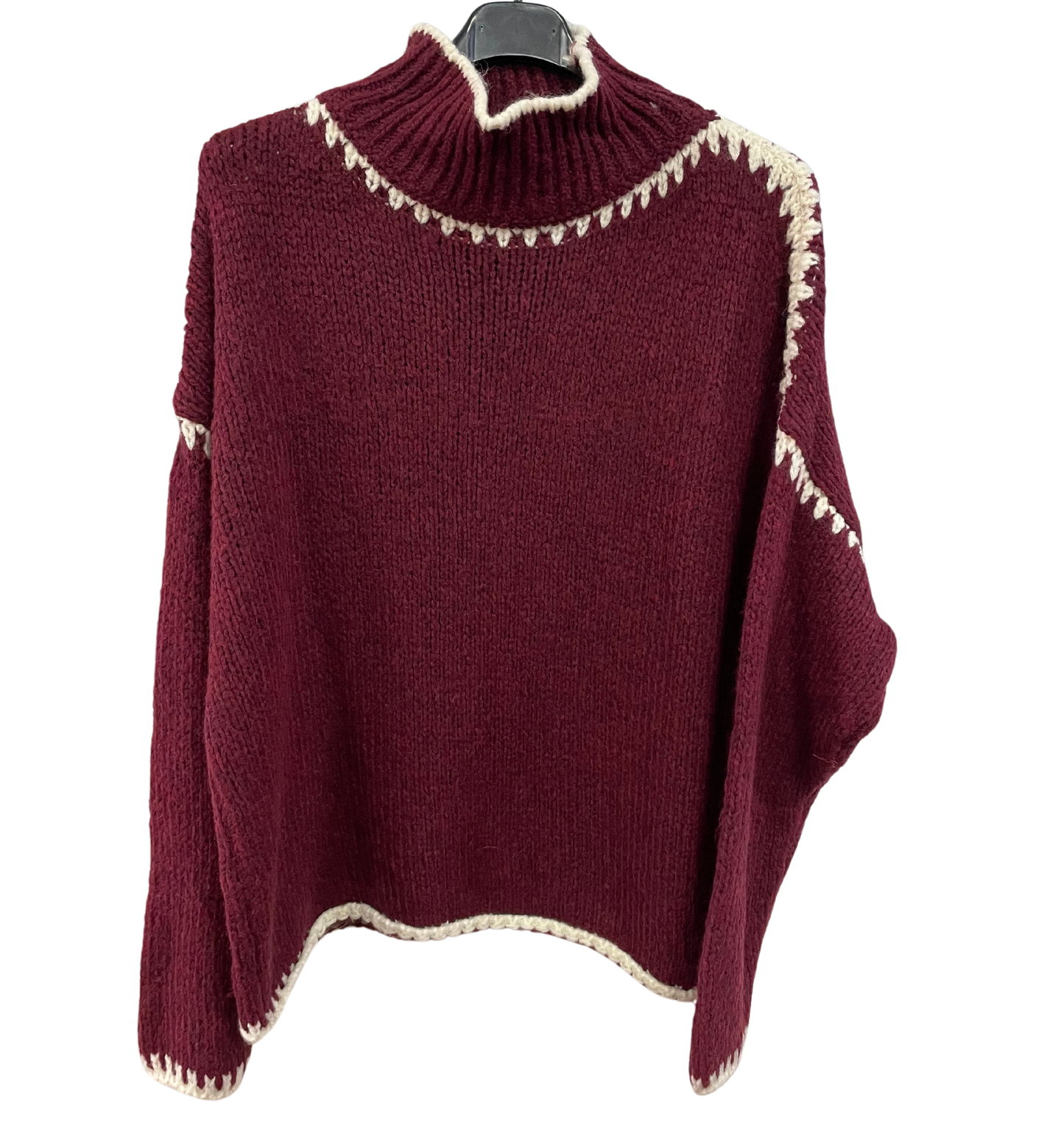 Soft Knitted Italian High Neck Jumper with Blanket Stitch Edging in Wine