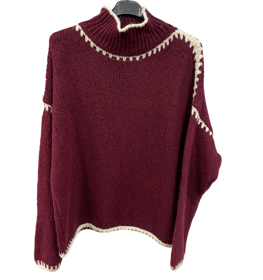 Soft Knitted Italian High Neck Jumper with Blanket Stitch Edging in Wine