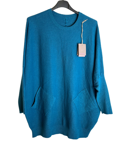 Lagenlook Italian Plait Back Design 2 Pocket Jumper in Teal