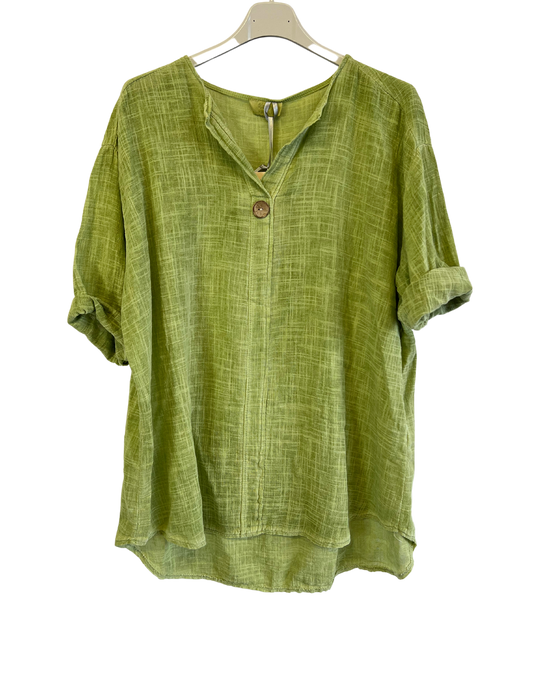 Oversized Cotton & Linen Blend One Button Top in Lime Green