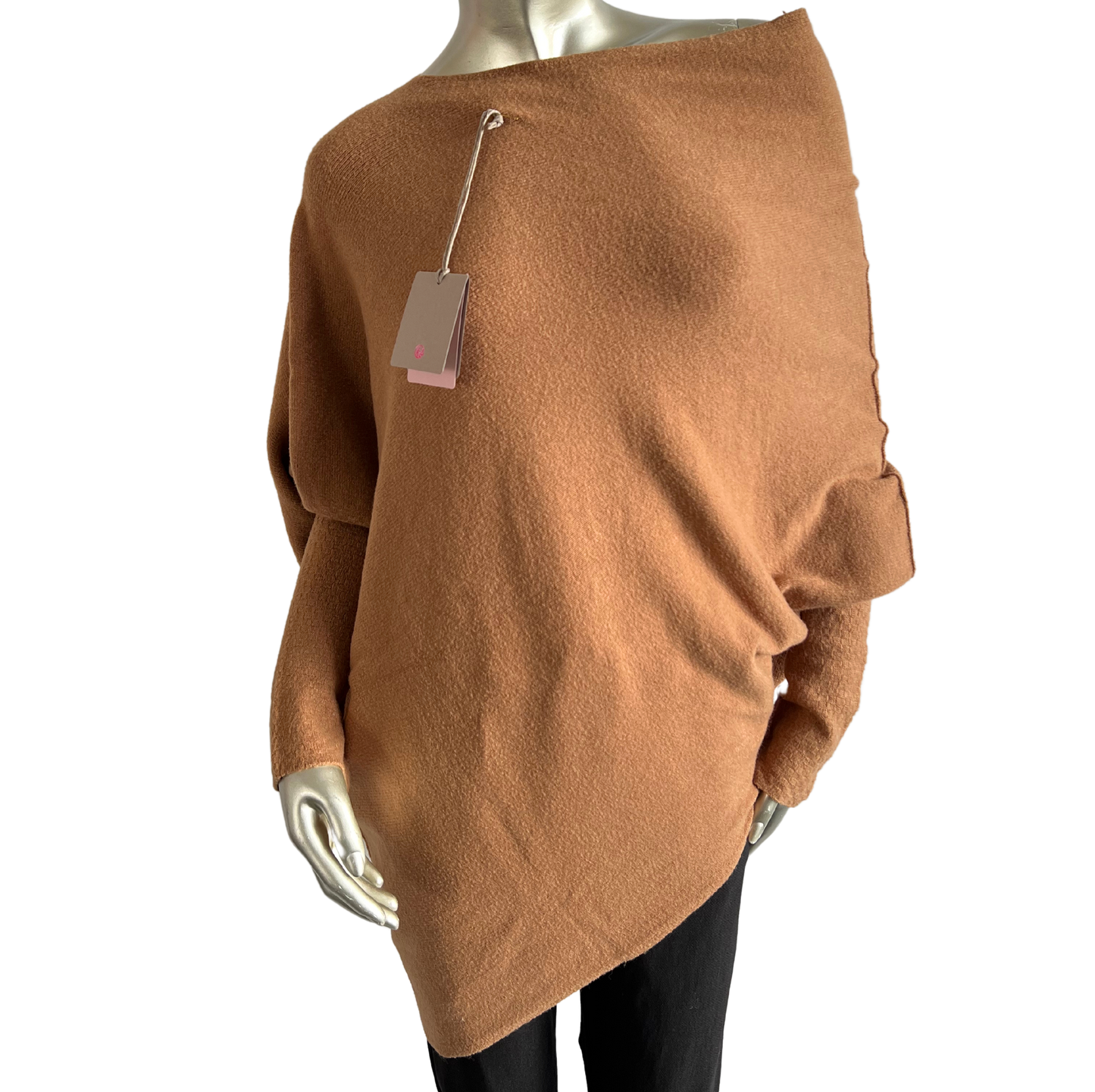 Asymmetric Draped Slouch Neck Soft Jumper with Long Fitted Sleeves in Camel