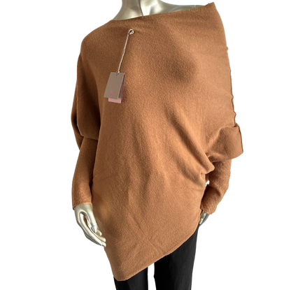 Asymmetric Draped Slouch Neck Soft Jumper with Long Fitted Sleeves in Camel