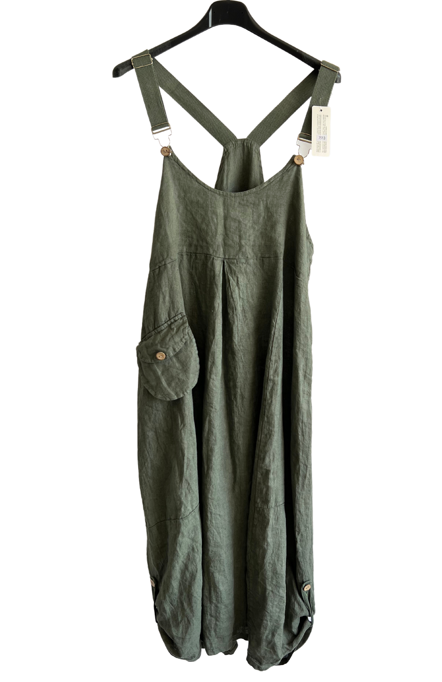 Lightweight Summer Linen Dungaree Dress in Khaki