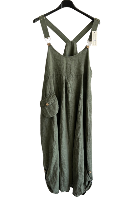 Lightweight Summer Linen Dungaree Dress in Khaki