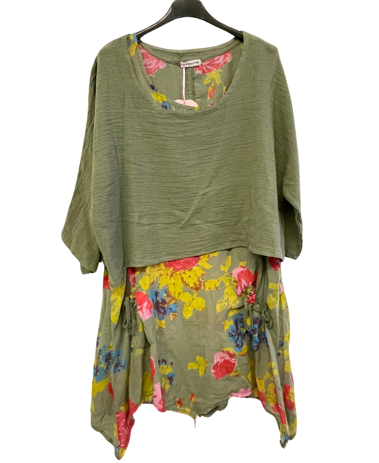 2 Piece Floral Dress Asymmetric Hem with Plain Top in Khaki