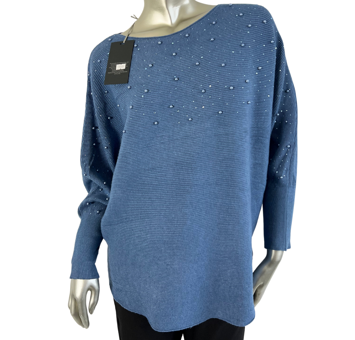 Autumn Pearl Sequin Design Batwing Sleeve Ribbed Knit Jumper in Denim