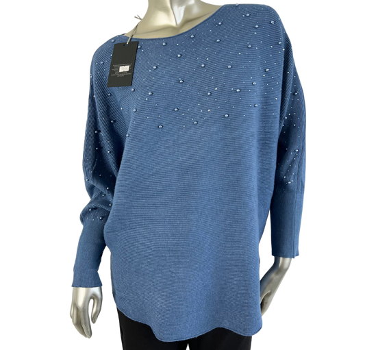 Autumn Pearl Sequin Design Batwing Sleeve Ribbed Knit Jumper in Denim