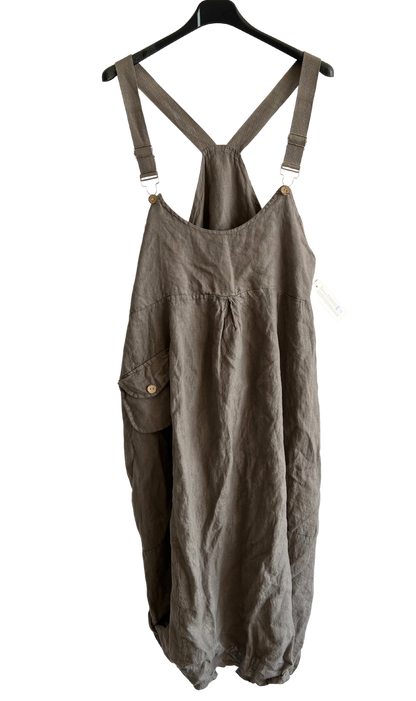 Lightweight Summer Linen Dungaree Dress in Mocha