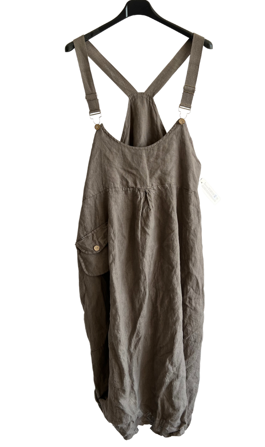 Lightweight Summer Linen Dungaree Dress in Mocha