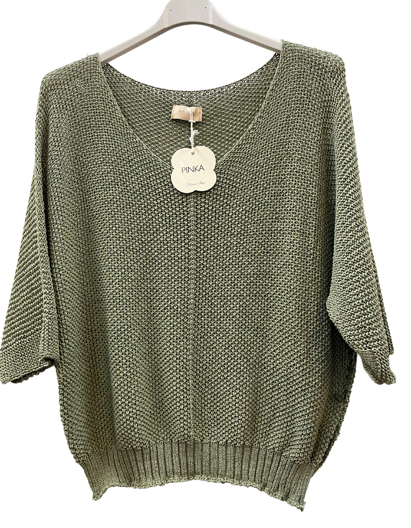 Oversized Lagenlook V Neck Knit Crochet Top in Khaki