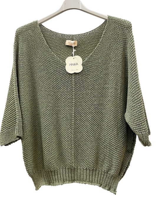 Oversized Lagenlook V Neck Knit Crochet Top in Khaki