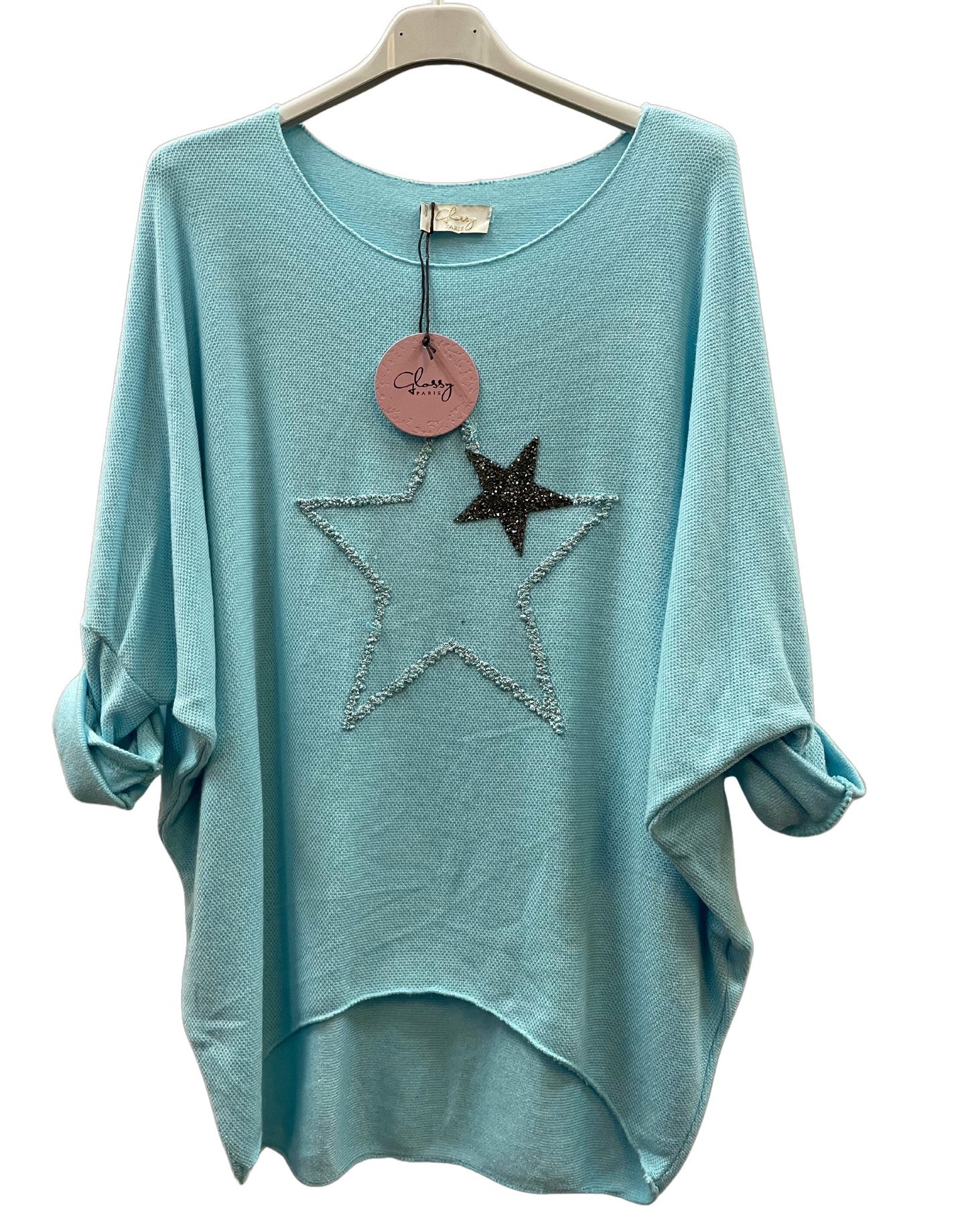 Soft Knit Curved Hem Sparkle Star Design Jumper Top in Light Blue