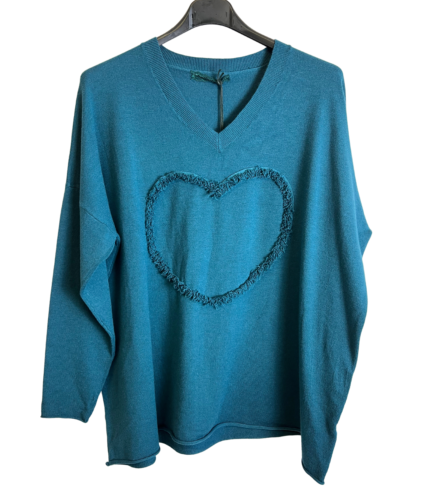 Soft Knit Embossed Heart Design V-Neck Jumper in Teal