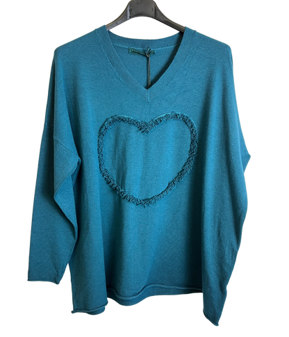 Soft Knit Embossed Heart Design V-Neck Jumper in Teal