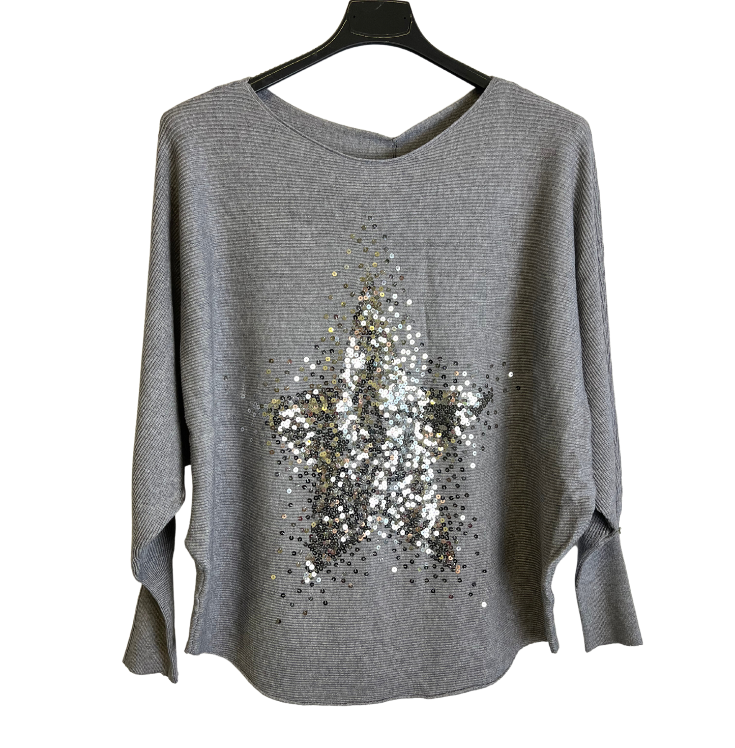 Sequin Star Batwing Sleeve Fine Knit Jumper in Grey