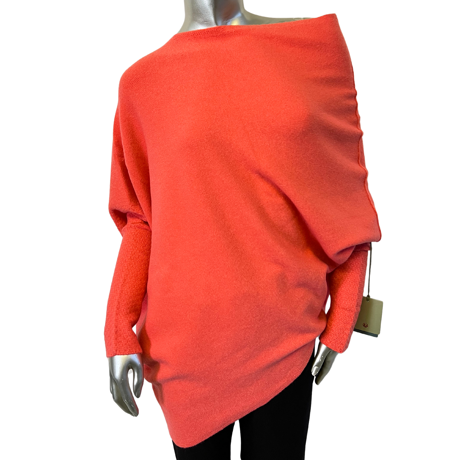 Asymmetric Draped Slouch Neck Soft Jumper with Long Fitted Sleeves in Coral