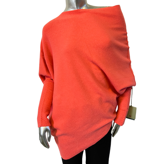 Asymmetric Draped Slouch Neck Soft Jumper with Long Fitted Sleeves in Coral