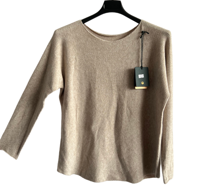 Soft Round Neck Jumper with Curved Hem In Beige