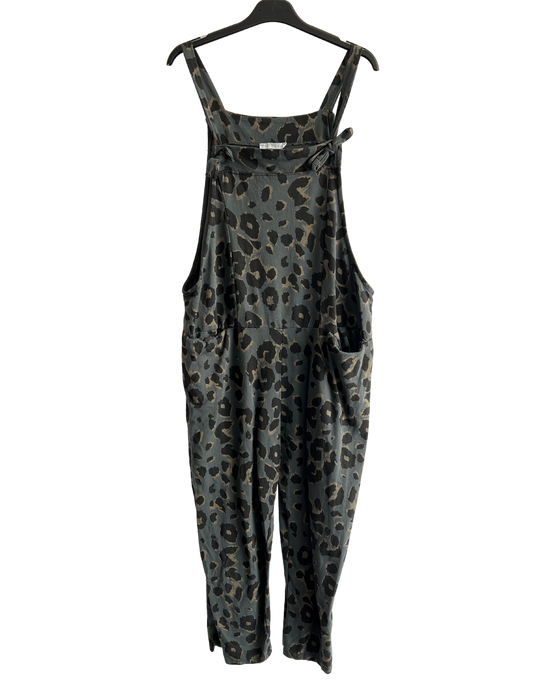 2 Pocket Animal Leopard Print Summer Dungarees In Charcoal