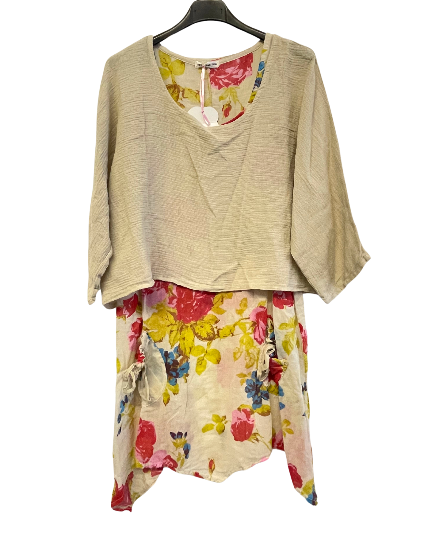 2 Piece Floral Dress Asymmetric Hem with Plain Top in Beige