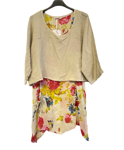 2 Piece Floral Dress Asymmetric Hem with Plain Top in Beige