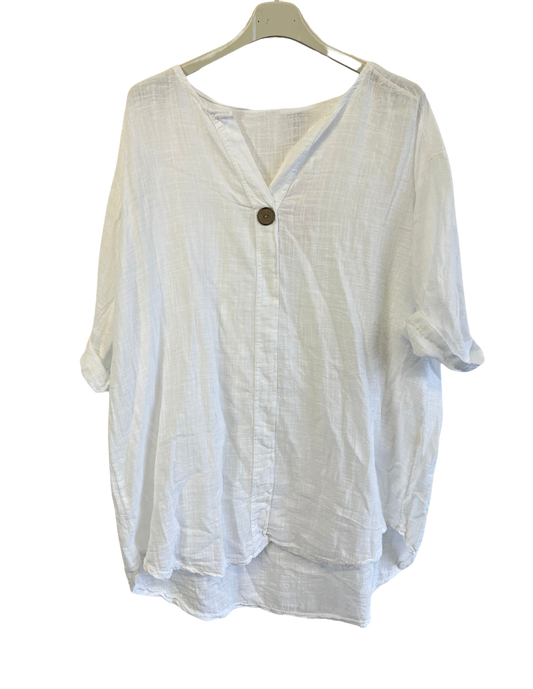 Oversized Cotton & Linen Blend One Button Top in White