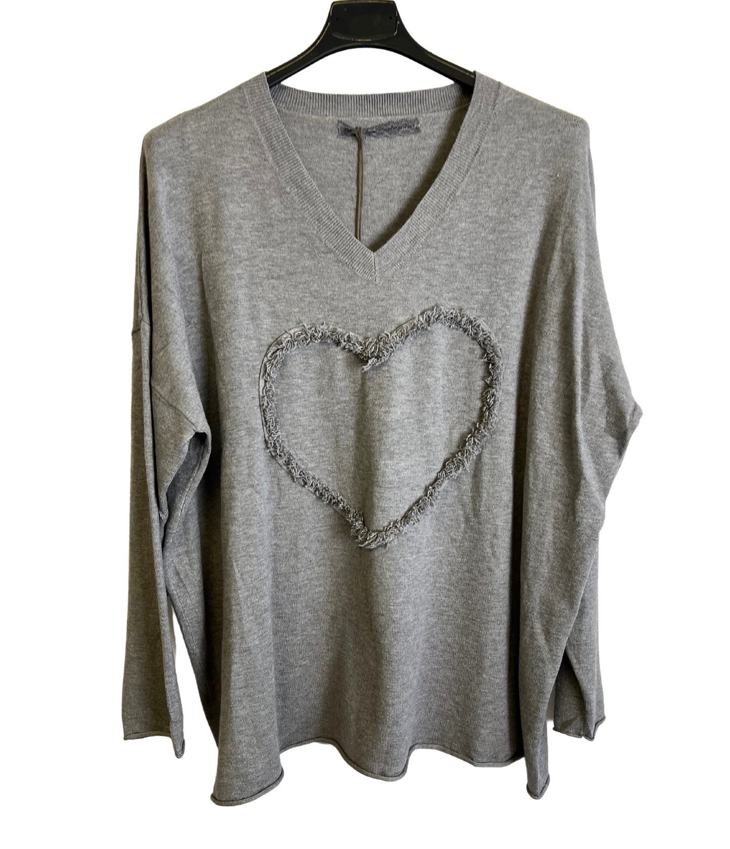 Soft Knit Embossed Heart Design V-Neck Jumper in Grey