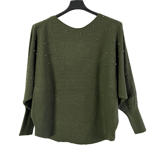 Autumn Pearl Sequin Design Batwing Sleeve Ribbed Knit Jumper in Khaki