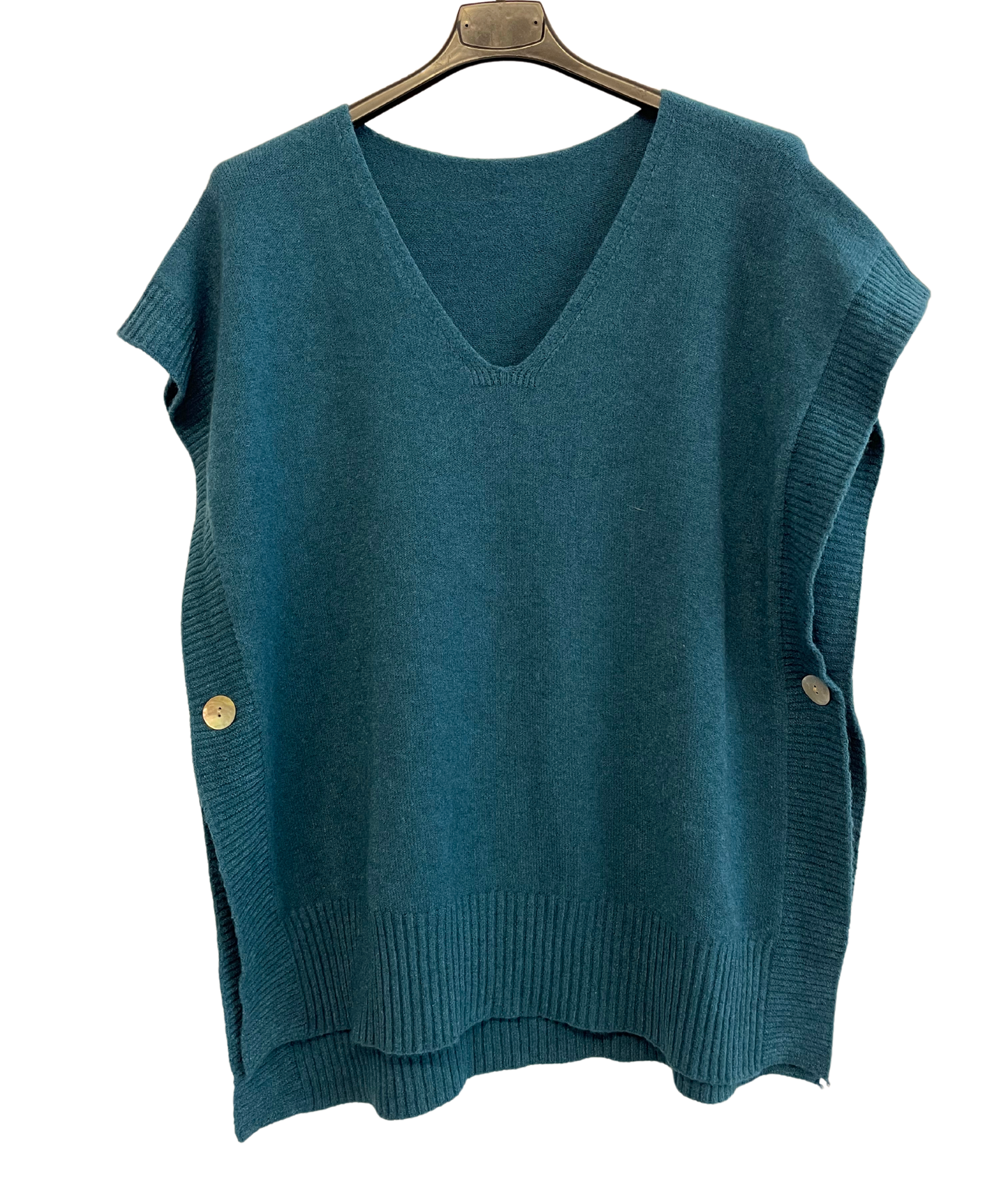 Soft Knitted Sleeveless Button Design V Neck Tank Top in Teal