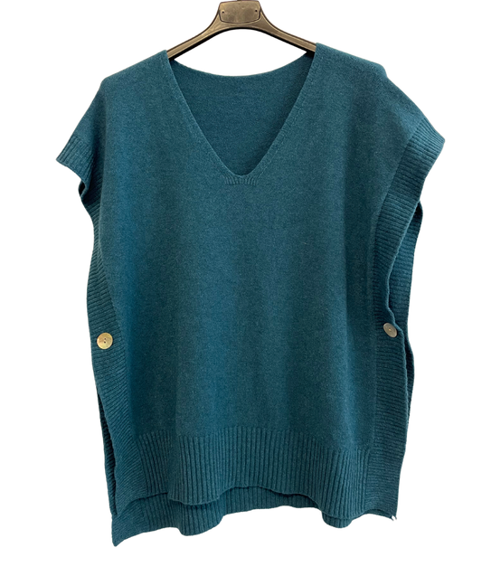 Soft Knitted Sleeveless Button Design V Neck Tank Top in Teal