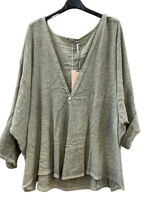 Overtop/Cardigan Layering Linen One Button Long Sleeve Top In Khaki