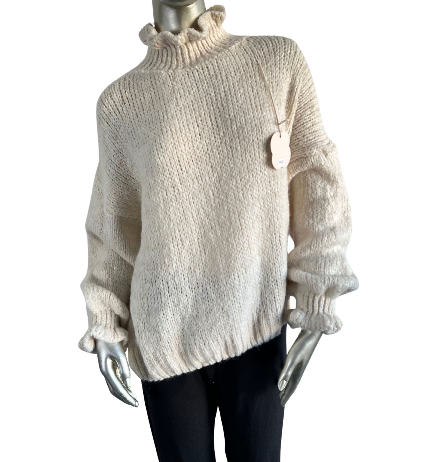 High Neck Frill Ruffled Neck and Hem Chunky Knit Jumper in Stone Beige