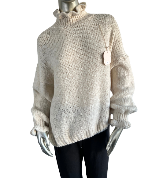 High Neck Frill Ruffled Neck and Hem Chunky Knit Jumper in Stone Beige