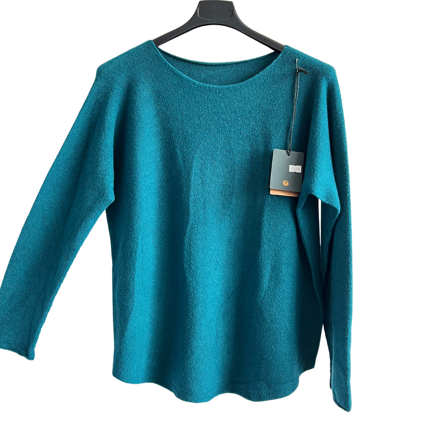 Soft Round Neck Jumper with Curved Hem In Teal