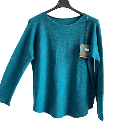 Soft Round Neck Jumper with Curved Hem In Teal