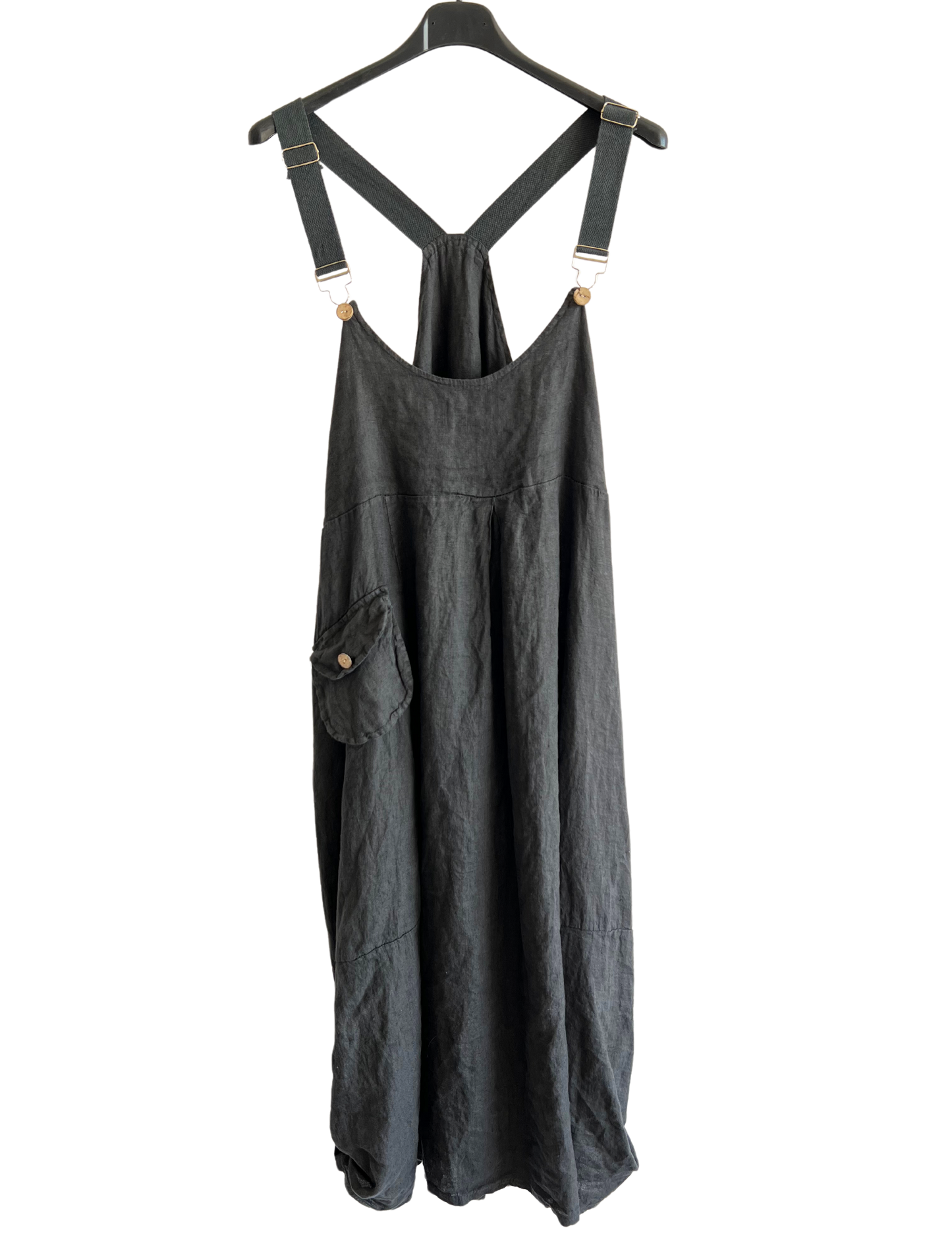 Lightweight Summer Linen Dungaree Dress in Charcoal