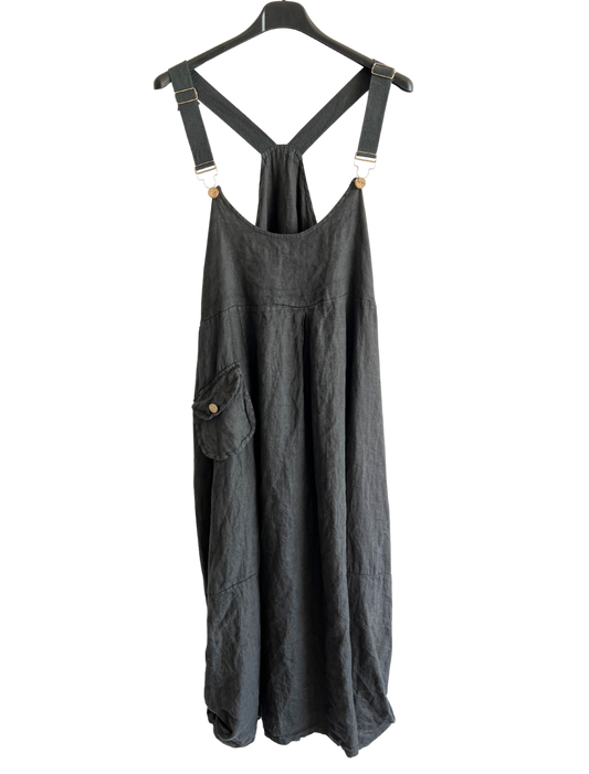 Lightweight Summer Linen Dungaree Dress in Charcoal